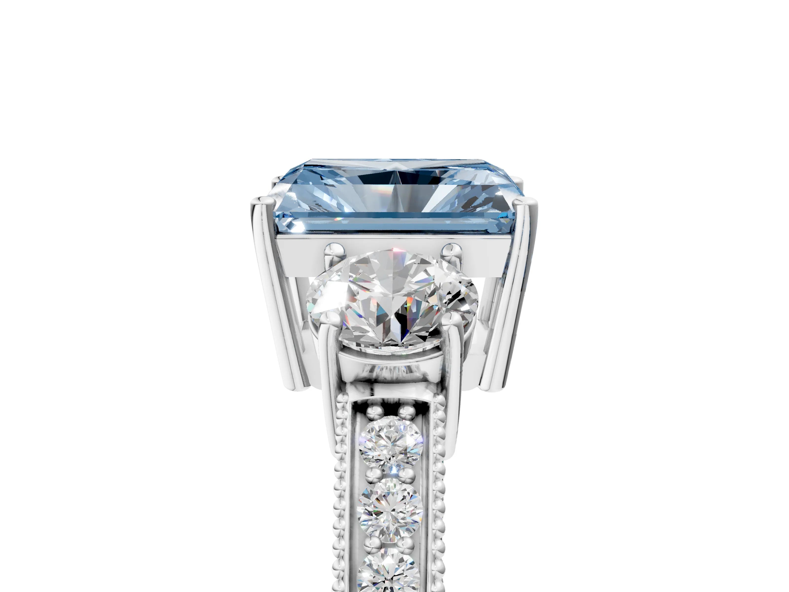 White gold Fancy Blue Radiant Cut Three-Stone Diamond Ring with Pavé Band and Four-Prong Setting_5