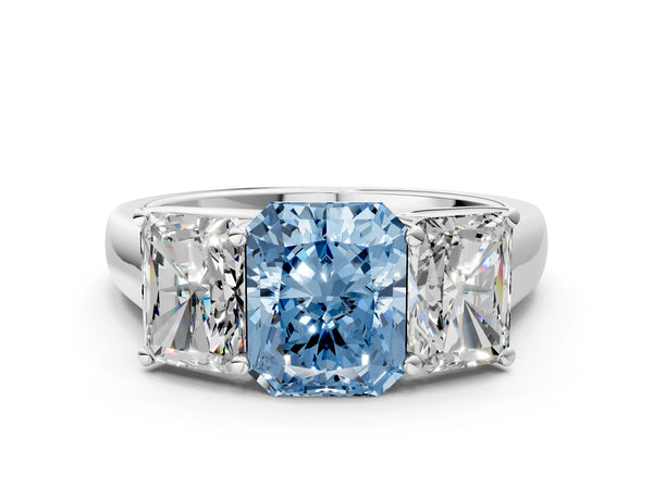 Platinum Fancy Blue Radiant Cut Three-Stone Diamond Ring with Prong Setting on a Classic Band