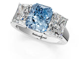 White gold Fancy Blue Radiant Cut Three-Stone Diamond Ring with Prong Setting on a Classic Band_13