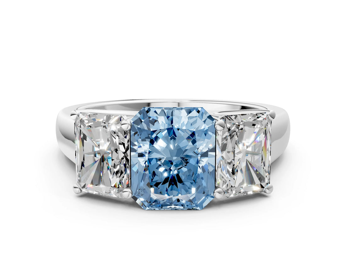 White gold Fancy Blue Radiant Cut Three-Stone Diamond Ring with Prong Setting on a Classic Band_18