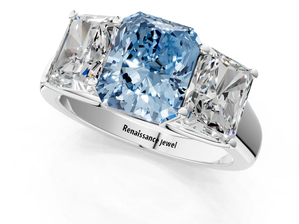 Platinum Fancy Blue Radiant Cut Three-Stone Diamond Ring with Prong Setting on a Classic Band