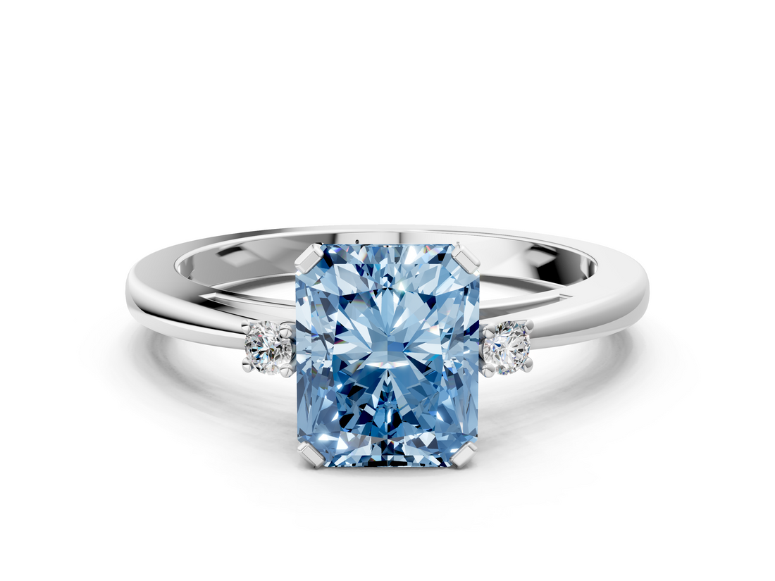 White gold Fancy Blue Radiant  Cut Three-Stone Solitaire Ring with Round Accent Diamonds and Four-Prong Setting_20