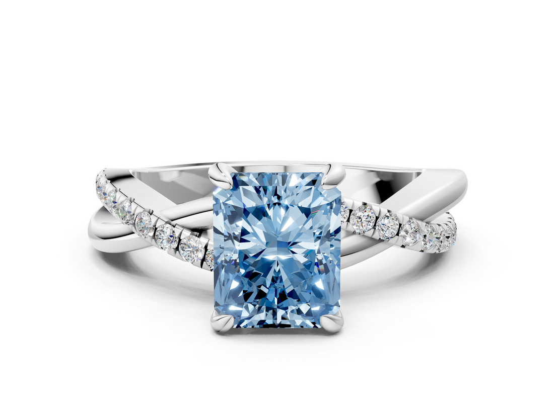 White gold Fancy Blue Radiant  Cut Twist Band Solitaire Diamond Ring with Pavé Setting_3