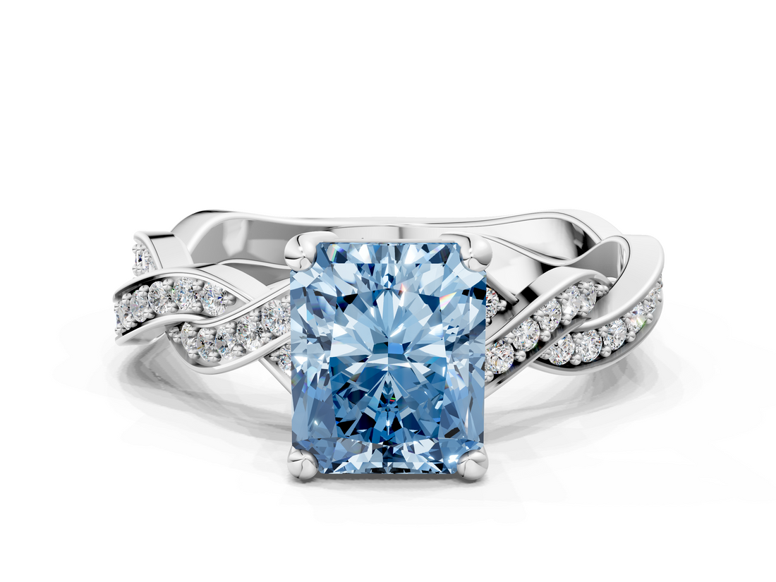 White gold Fancy Blue Radiant  Cut Twisted Pavé Band Solitaire Ring with Four-Prong Setting_55