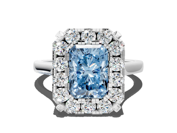 Platinum Fancy Blue Radiant  Diamond Cluster Halo Solitaire with Four-Prong Setting