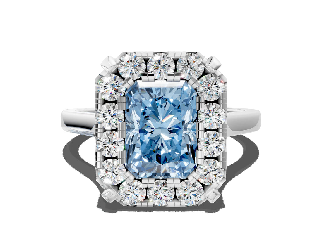 White gold Fancy Blue Radiant  Diamond Cluster Halo Solitaire with Four-Prong Setting_89