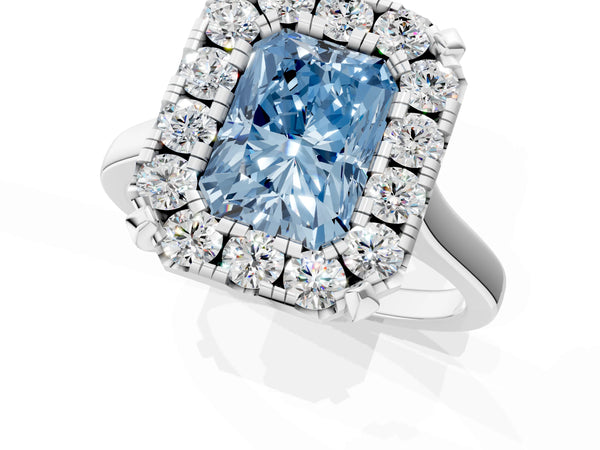 Platinum Fancy Blue Radiant  Diamond Cluster Halo Solitaire with Four-Prong Setting