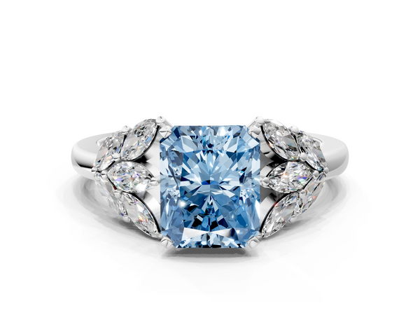 Platinum Fancy Blue Radiant  Diamond Cluster Leaf Design Ring with Prong Setting