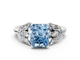 White gold Fancy Blue Radiant  Diamond Cluster Leaf Design Ring with Prong Setting_71
