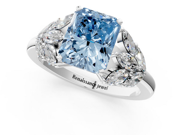 Platinum Fancy Blue Radiant  Diamond Cluster Leaf Design Ring with Prong Setting