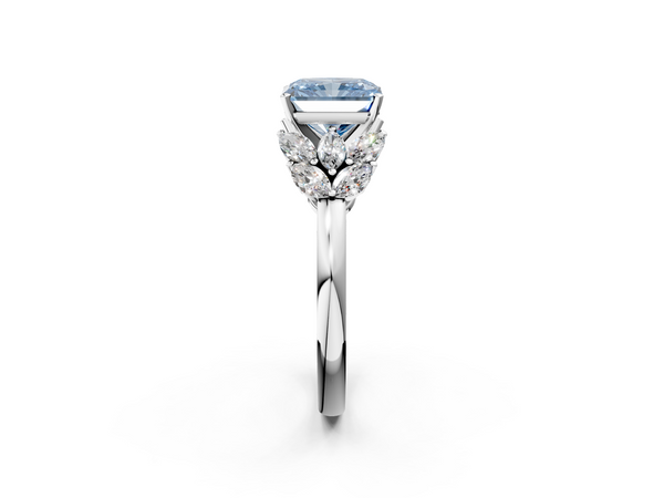 Platinum Fancy Blue Radiant  Diamond Cluster Leaf Design Ring with Prong Setting