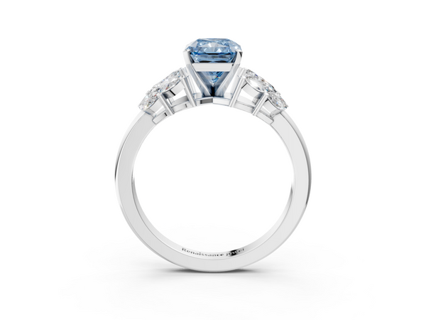 Platinum Fancy Blue Radiant  Diamond Cluster Leaf Design Ring with Prong Setting