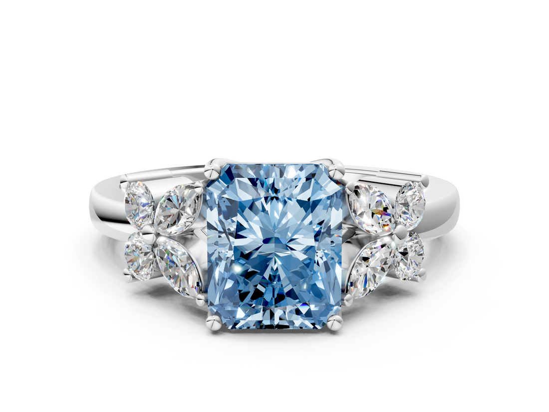White gold Fancy Blue Radiant  Diamond Floral Cluster Ring with Solitaire Band and Prong Setting_63