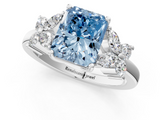 White gold Fancy Blue Radiant  Diamond Floral Cluster Ring with Solitaire Band and Prong Setting_64