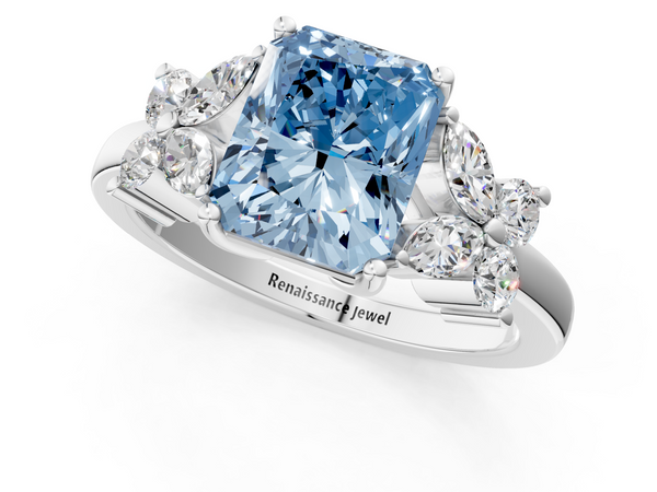 White gold Fancy Blue Radiant  Diamond Floral Cluster Ring with Solitaire Band and Prong Setting