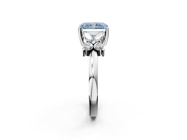 White gold Fancy Blue Radiant  Diamond Floral Cluster Ring with Solitaire Band and Prong Setting