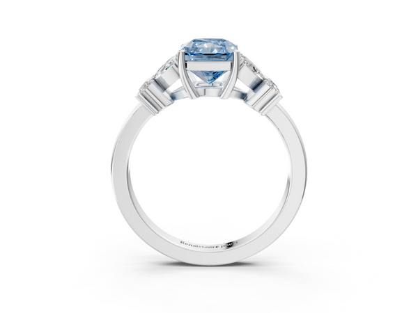 White gold Fancy Blue Radiant  Diamond Floral Cluster Ring with Solitaire Band and Prong Setting