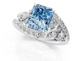 White gold Fancy Blue Radiant  Diamond Halo Ring with Marquise and Pavé Band in Prong Setting_13