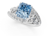 White gold Fancy Blue Radiant  Diamond Halo Ring with Marquise and Pavé Band in Prong Setting_67