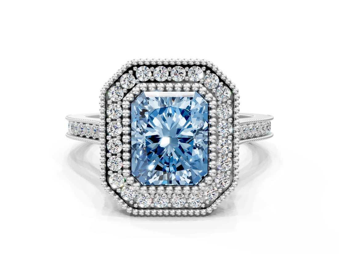 White gold Fancy Blue Radiant  Diamond Halo Ring with Milgrain Frame and Pavé Band_55