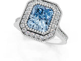 White gold Fancy Blue Radiant  Diamond Halo Ring with Milgrain Frame and Pavé Band_56