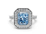 White gold Fancy Blue Radiant  Diamond Halo Ring with Milgrain Frame and Pavé Band_60
