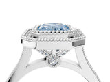 White gold Fancy Blue Radiant  Diamond Halo Ring with Milgrain Frame and Pavé Band_62