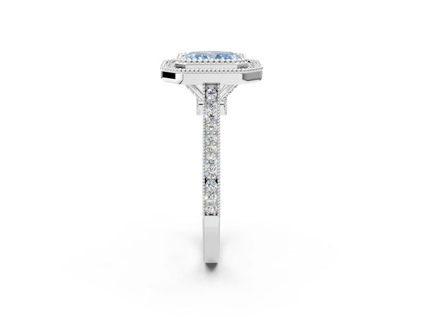 White gold Fancy Blue Radiant  Diamond Halo Ring with Milgrain Frame and Pavé Band