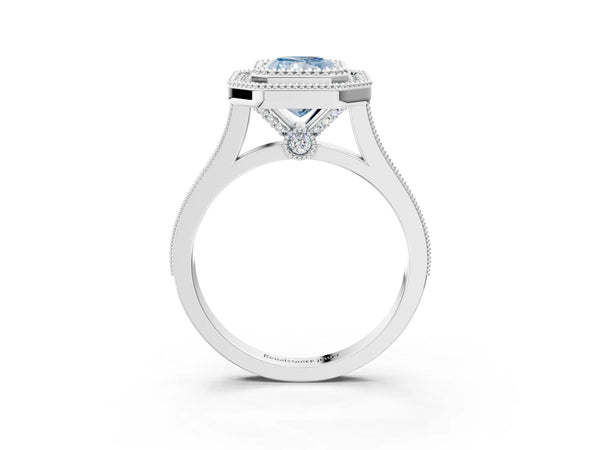 White gold Fancy Blue Radiant  Diamond Halo Ring with Milgrain Frame and Pavé Band
