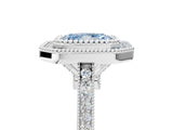 White gold Fancy Blue Radiant  Diamond Halo Ring with Milgrain Frame and Pavé Band_65
