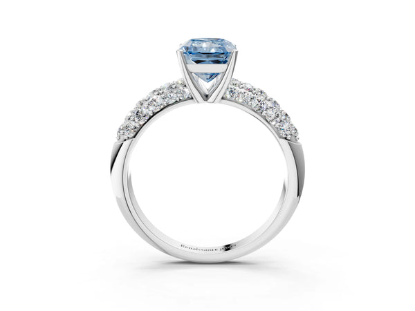 White gold Fancy Blue Radiant  Diamond Pavé Band Solitaire Ring with Four-Prong Setting