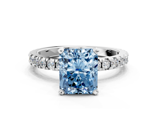 Platinum Fancy Blue Radiant  Diamond Pavé Band Solitaire with Four-Prong Setting