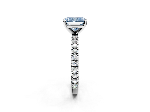 Platinum Fancy Blue Radiant  Diamond Pavé Band Solitaire with Four-Prong Setting