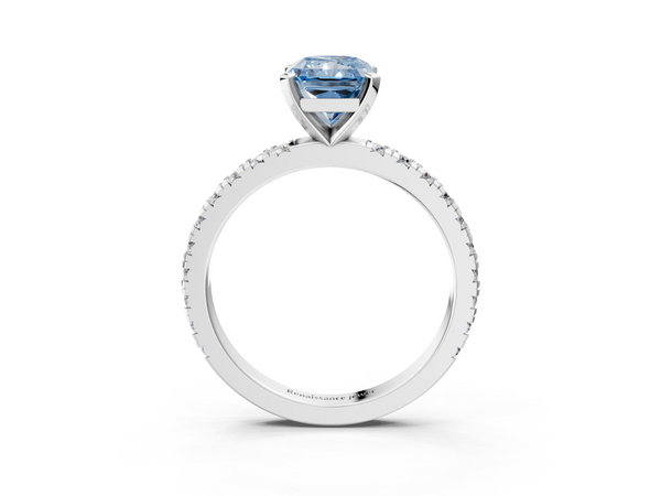 Platinum Fancy Blue Radiant  Diamond Pavé Band Solitaire with Four-Prong Setting