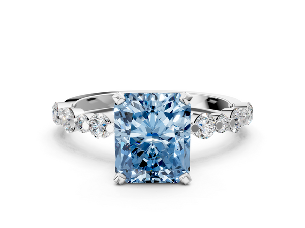 White gold Fancy Blue Radiant Cut Diamond Prong Set Engagement Ring with Pavé Band