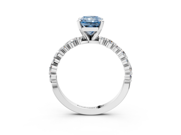 White gold Fancy Blue Radiant Cut Diamond Prong Set Engagement Ring with Pavé Band