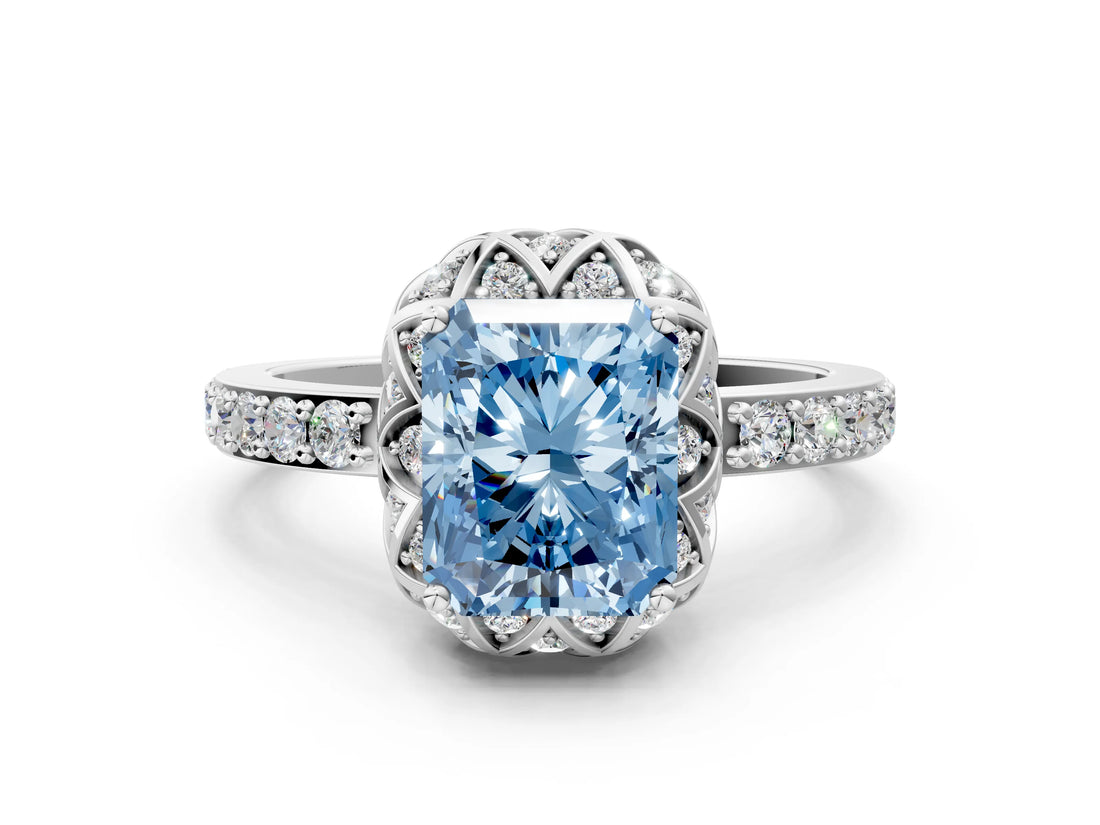 White gold Fancy Blue Radiant  Diamond Solitaire Ring with Shared Prong Pavé Band_12
