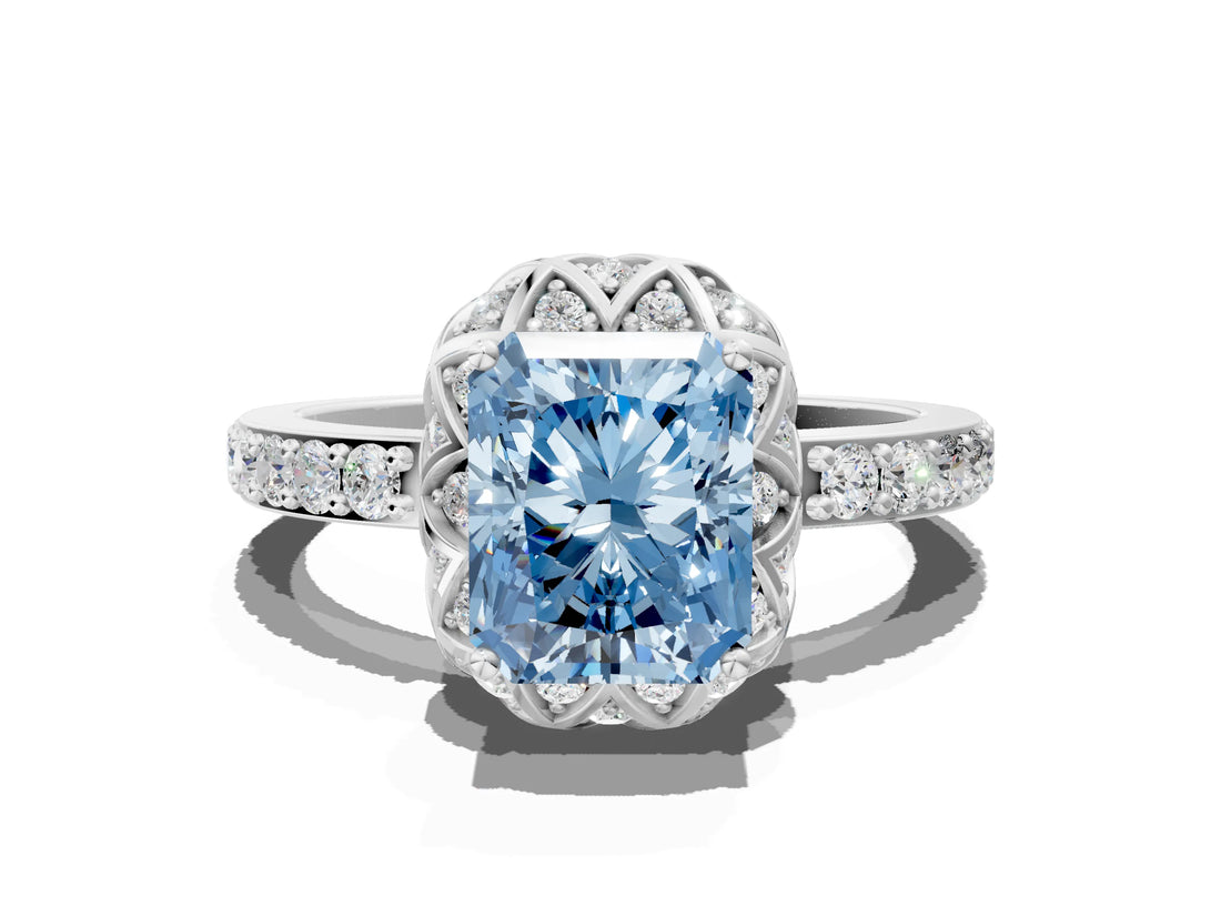 White gold Fancy Blue Radiant  Diamond Solitaire Ring with Shared Prong Pavé Band_66
