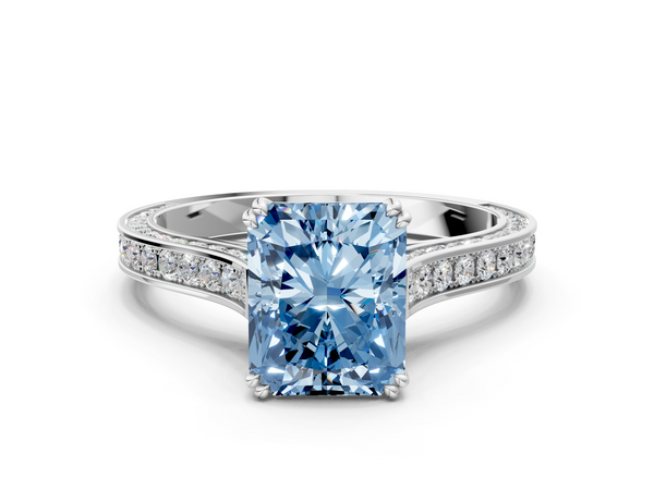 White gold Fancy Blue Radiant  Diamond Solitaire with Pave Band and Six-Prong Setting