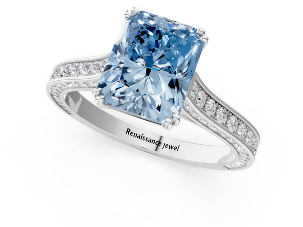 White gold Fancy Blue Radiant  Diamond Solitaire with Pave Band and Six-Prong Setting