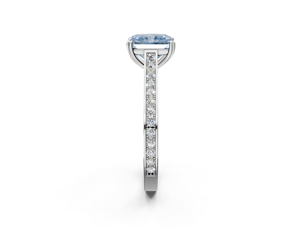 White gold Fancy Blue Radiant  Diamond Solitaire with Pave Band and Six-Prong Setting