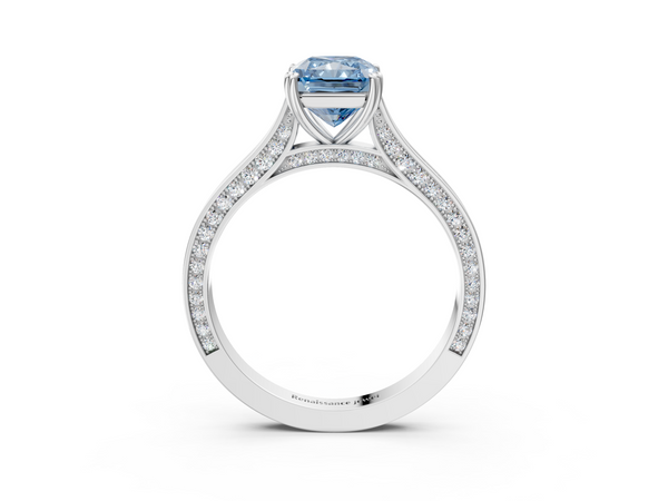 White gold Fancy Blue Radiant  Diamond Solitaire with Pave Band and Six-Prong Setting
