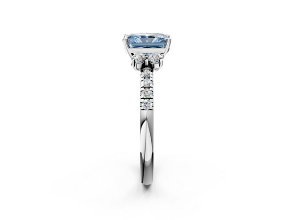 Platinum Fancy Blue Radiant  Diamond Three-Stone Pave Band with Four-Prong Setting