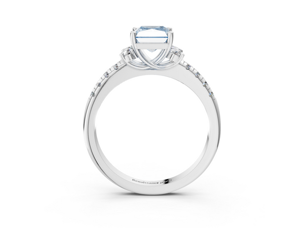 Platinum Fancy Blue Radiant  Diamond Three-Stone Pave Band with Four-Prong Setting