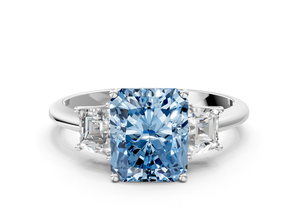 White gold Fancy Blue Radiant  Diamond Three-Stone Ring with Trapezoid Side Stones and Prong Setting