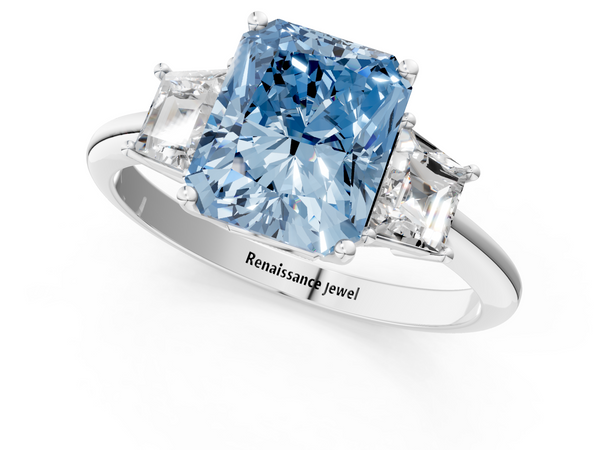 White gold Fancy Blue Radiant  Diamond Three-Stone Ring with Trapezoid Side Stones and Prong Setting