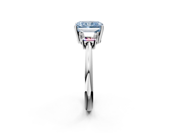 White gold Fancy Blue Radiant  Diamond Three-Stone Ring with Trapezoid Side Stones and Prong Setting