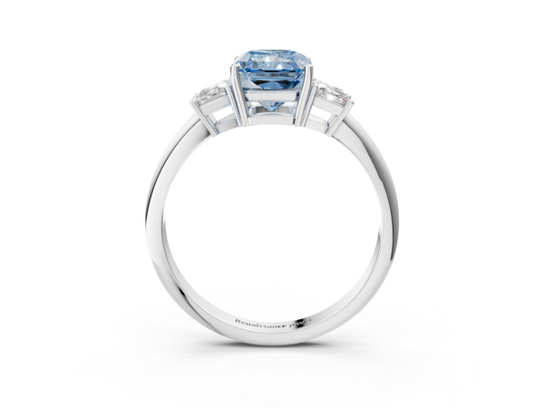 White gold Fancy Blue Radiant  Diamond Three-Stone Ring with Trapezoid Side Stones and Prong Setting