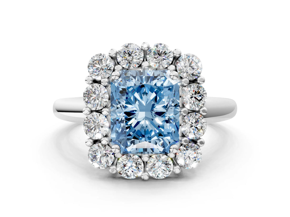 White gold Fancy Blue Radiant  Halo Cluster Diamond Engagement Ring with Prong Setting and Polished Band_75