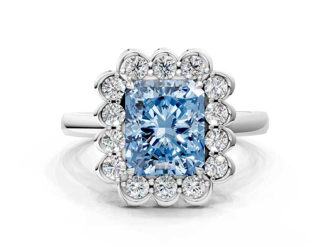 White gold Fancy Blue Radiant  Halo Cluster Diamond Engagement Ring with Solitaire Band and Prong Setting_49